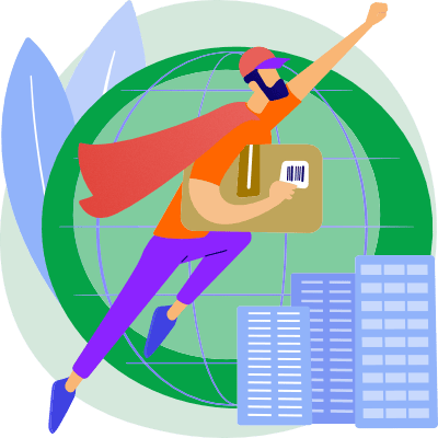 Illustration of a bearded delivery man with a cape, flying upward while holding a package in one arm, with a globe and buildings in the background.