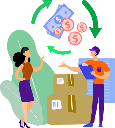 Illustration of a delivery man advising a woman on how Ship & Track can be cost-saving and cost-effective as he delivers two big packages.