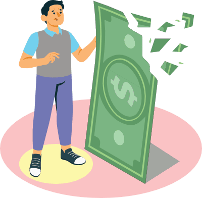 Illustration of a worried man holding a dollar bill as big as him as its broken corner pieces fly away from him.